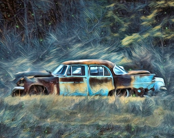 Old Car In moonlight, Old Rusty Abandoned Car Print, Vintage Car Photo, Garage Wall Art, Junkyard Art, Junkyard Print, Fine Art Photography