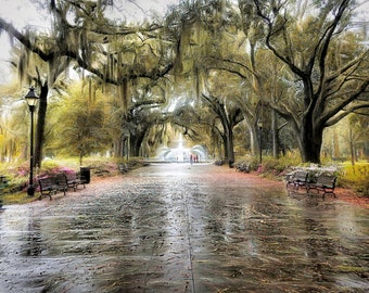 Savannah Georgia Forsyth Park Fountain Print, Savannah Rain Print, Forsyth Park Fountain, Fine Art Photography, Savannah Rainy Day Photo