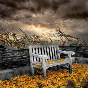 May include: A white wooden bench sits on a stone path covered in fallen yellow leaves. The bench is in the foreground of the image, with a cloudy sky and tall grass in the background.