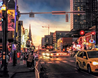 Nashville Tennessee Broadway Night Photograph, Honky Tonk Neon Signs, Signed Fine Art Print