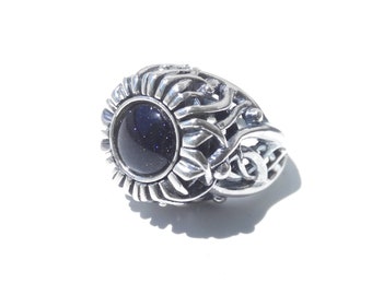 Vintage cocktail ring, Aventurine ring, Sterling silver vintage ring, Boho ring, Victorian ring, Large ring, Blue gemstone ring, Gothic ring
