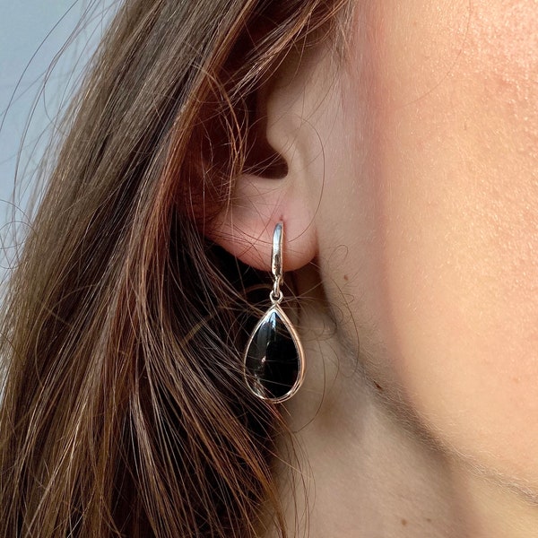 Sterling silver black onyx earrings, Black gemstone dangle earrings, Teardrop shape black onyx earrings, Small dangle earrings, Gift for her