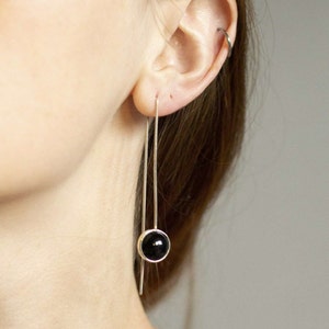Long minimalist dangle earrings, Silver long threader earrings, Onyx dangle earrings, Long round drop earrings, Black onyx threaders image 5