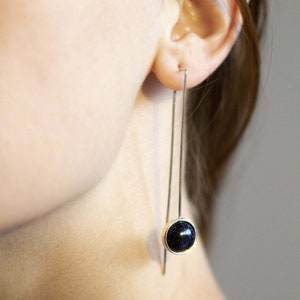 Long minimalist dangle earrings, Silver long threader earrings, Onyx dangle earrings, Long round drop earrings, Black onyx threaders Aventurine
