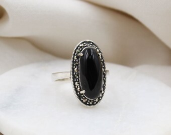 Oval Onyx Ring, Black Onyx Gypsy Ring, Bohemian Oval Onyx Ring, Boho Statement Ring