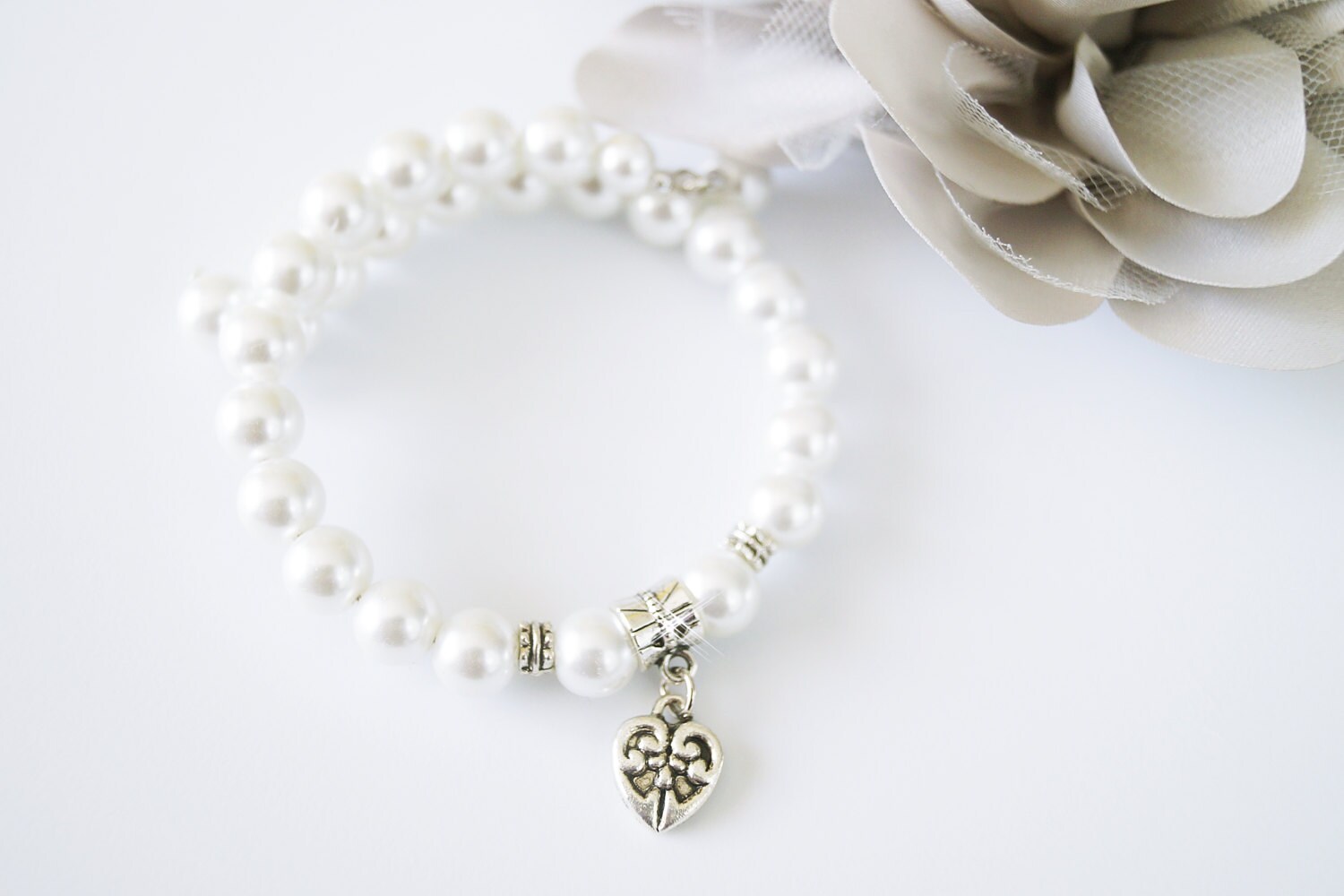 Pearl Charm Flower Girl Wedding Single Wrap Bracelet Etsy