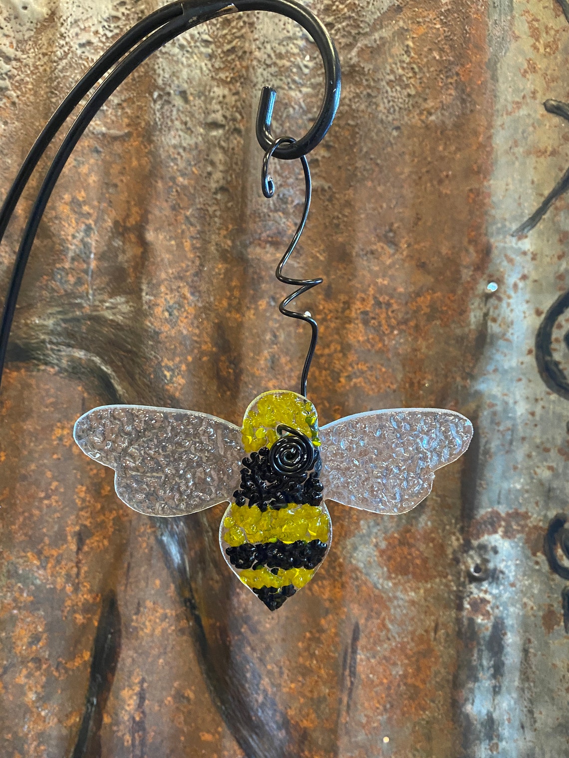 Handmade Fused Glass Bumble Bee Christmas Tree Ornament Made in
