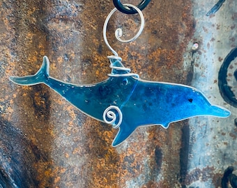 Handmade Fused Glass Dolphin Christmas Tree Ornament Made in Washington