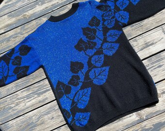 Vintage 1980s Womens Maglione Colorblock Nero Blu Modello di vite Maglia acrilica anni '80 Stile anni '90 Taglia XL