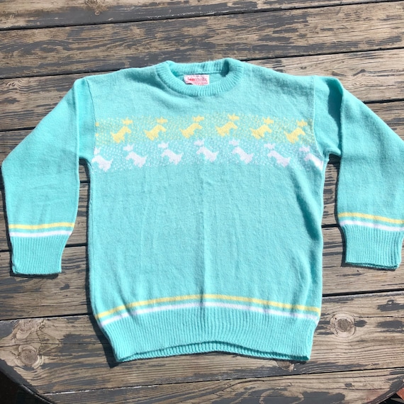 Vintage 1980s Acrylic Knit Sweater Mint Green Sco… - image 1