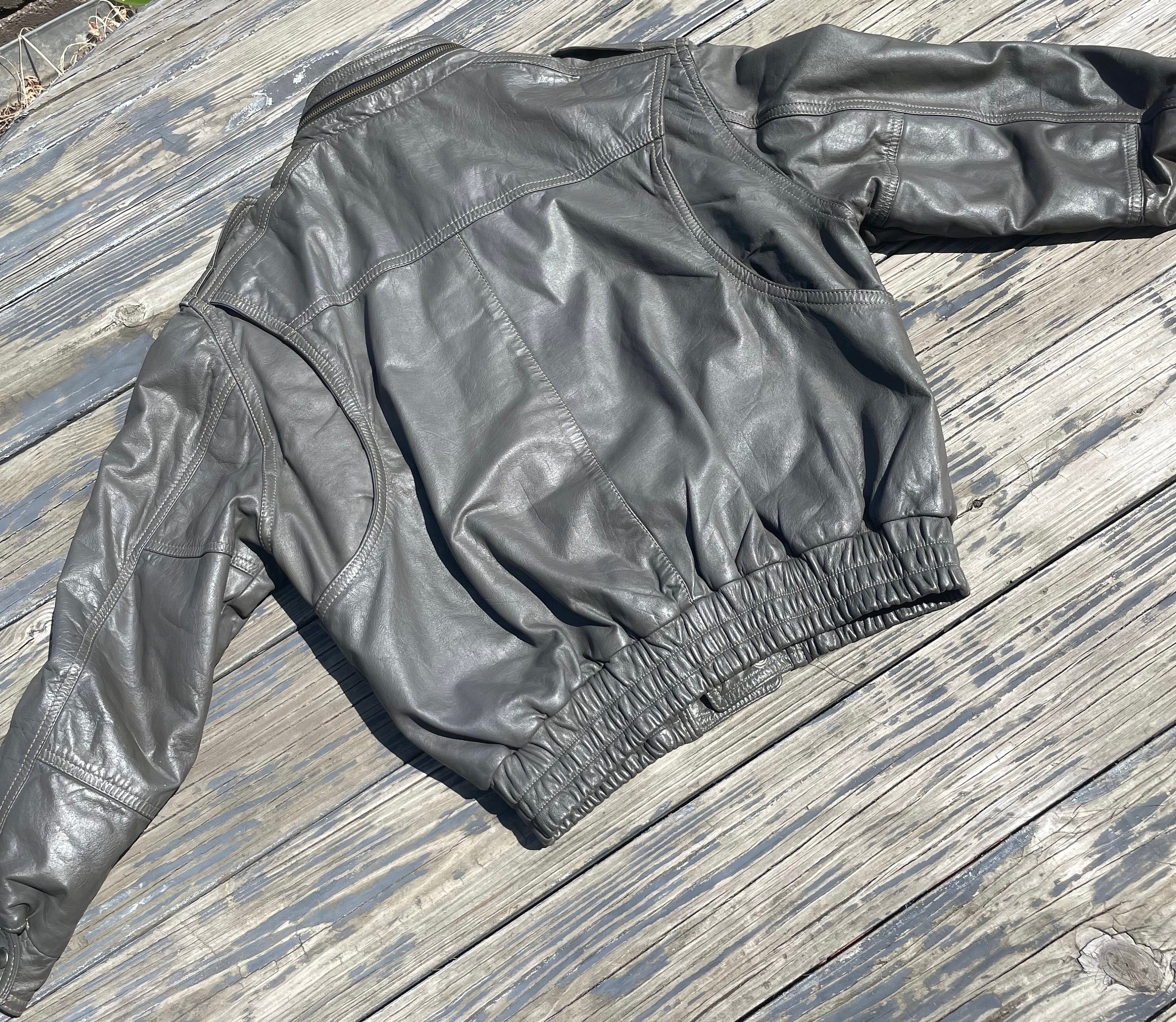 Vintage 1980s Oleg Cassini Gray Leather Moto Jacket 80s Motorcycle