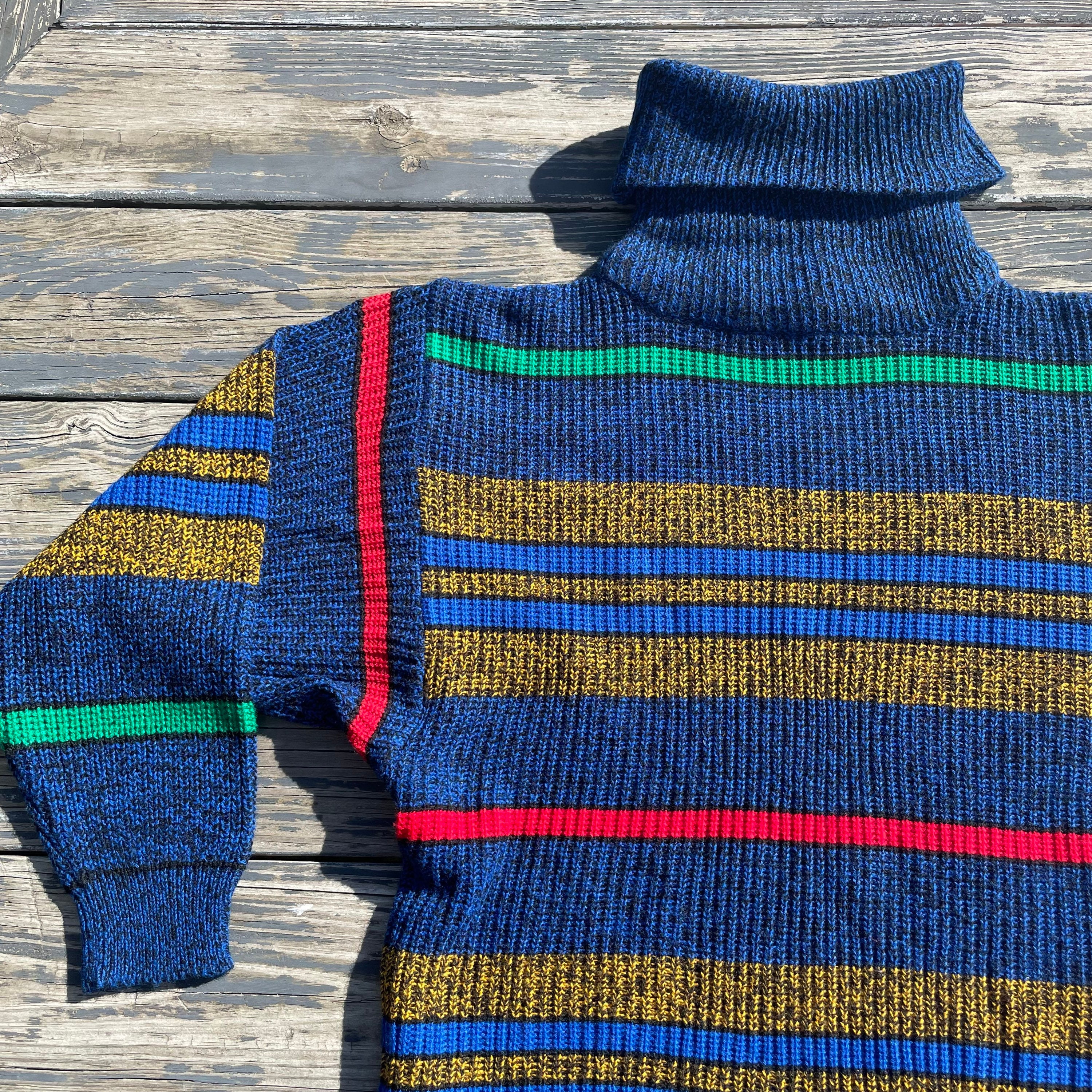 Vintage 1980s Gitano Acrylic Knit Sweater Funnel Neck Blue Striped 