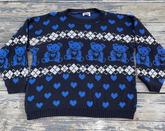 Suéter vintage de los años 80 con ositos de peluche, azul y negro, talla XL, estilo años 80, suéter feo.