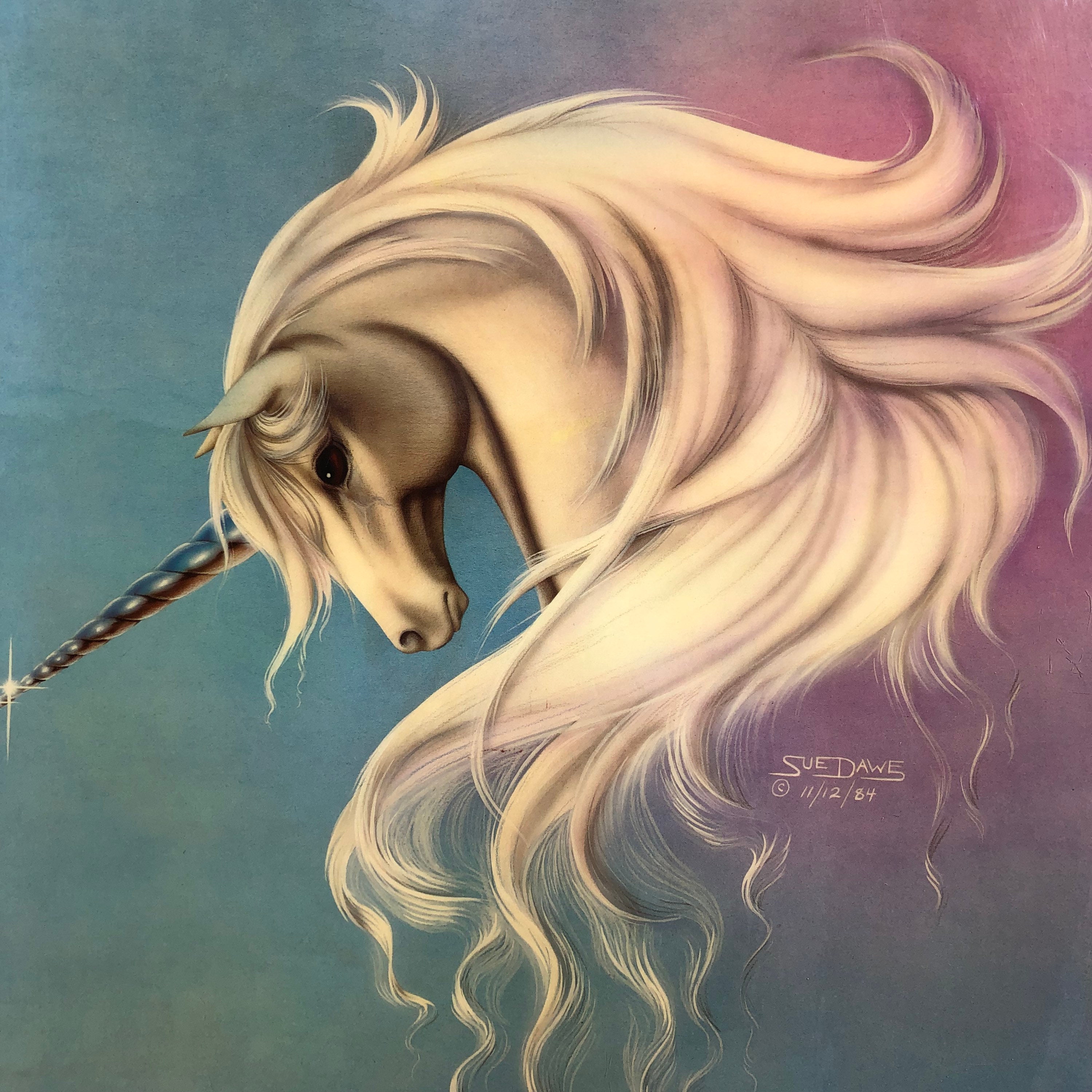 Vintage 1980s Sue Dawe Unicorn Painting Wall Hanging Picture 19 X