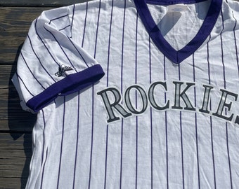 Vintage 1990s Colorado Rockies Warm Up Tee Shirt Jersey Size XL Made in USA Purple Pinstripe