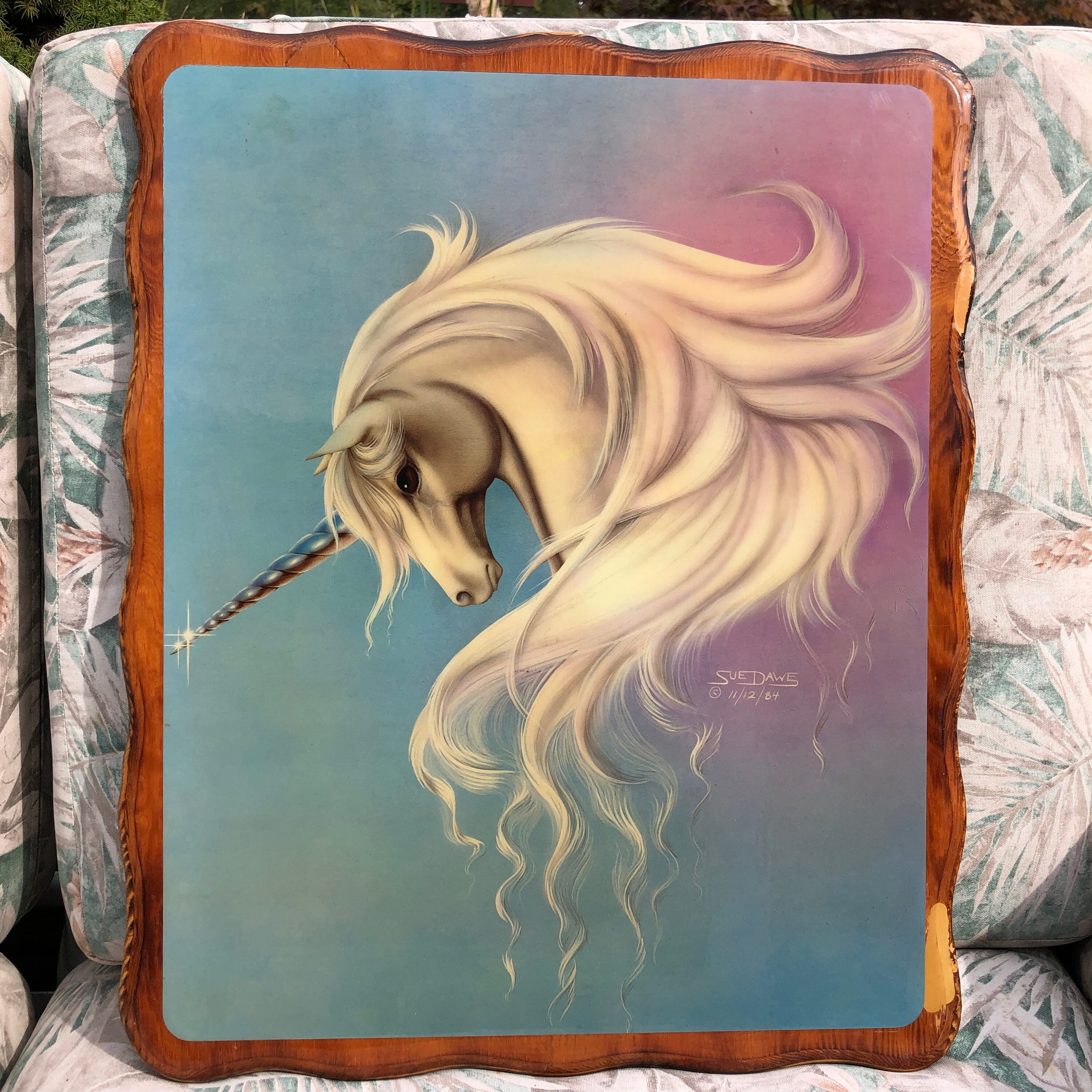 Vintage 1980s Sue Dawe Unicorn Painting Wall Hanging Picture