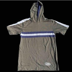 May include: Olive green hooded t-shirt with short sleeves. Features a blue and white horizontal stripe across the chest and white stripes on the sleeves. A small logo is visible on the lower right side.