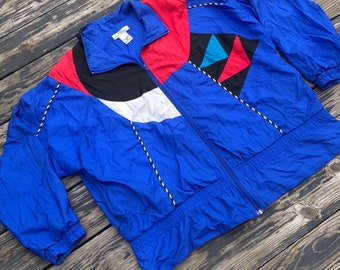 Vintage 1990s Red White Blue Colorblock Nylon Windbreaker Jacket Womens 2XL