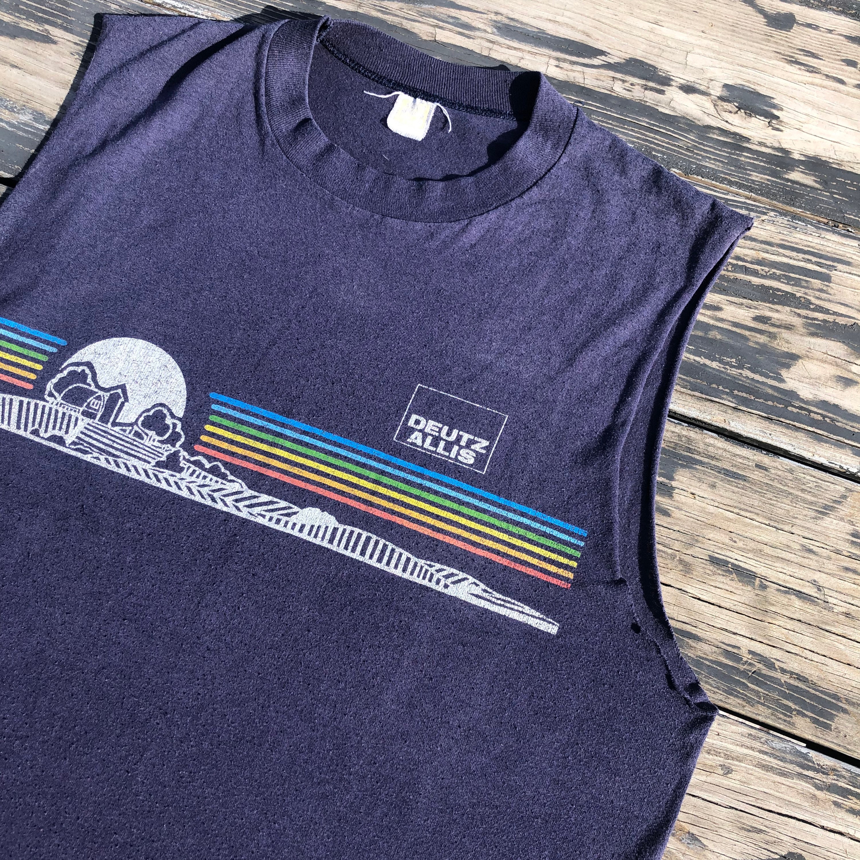 Vintage 80s Deutz Allis Single Stitch Tee Rainbow Stripe Velva
