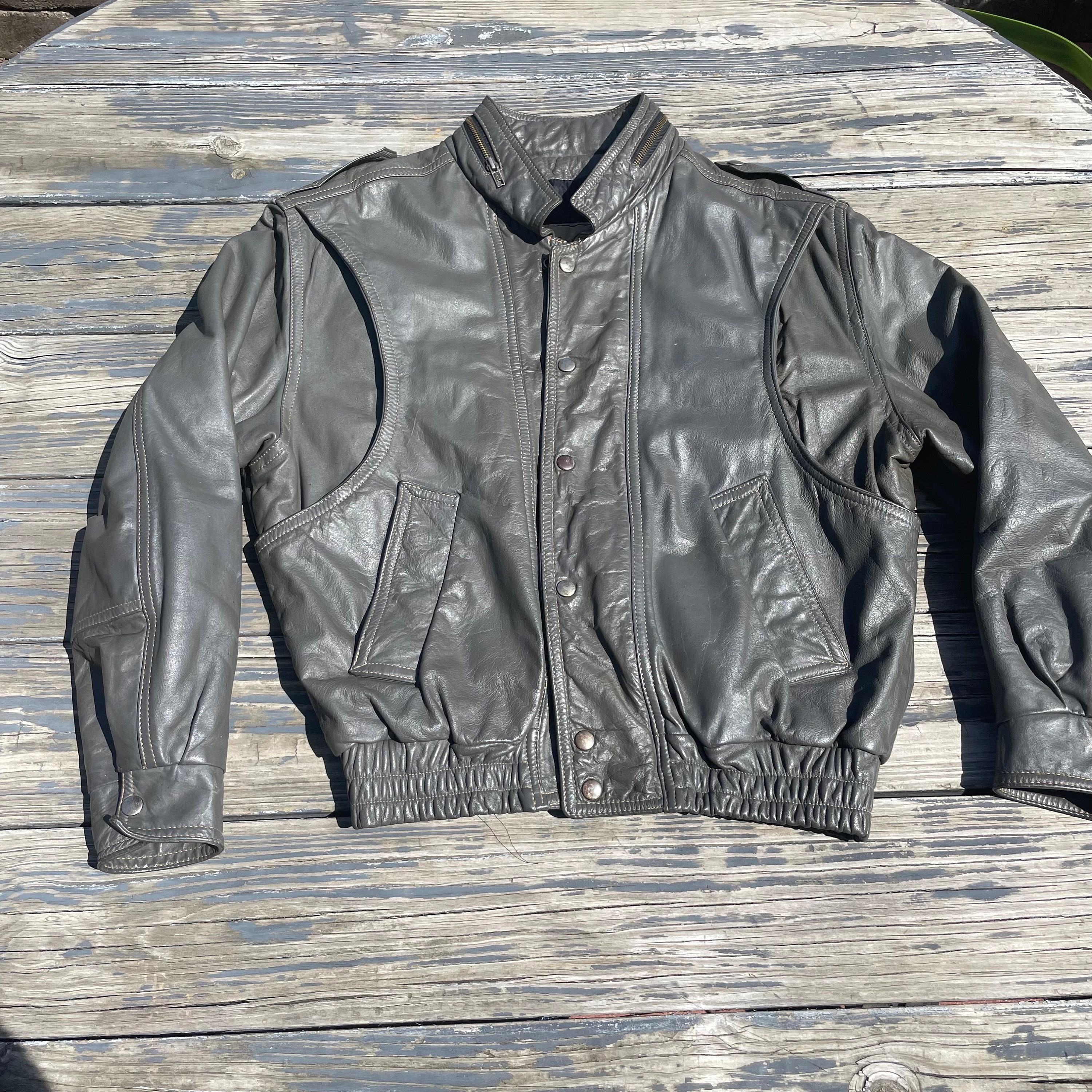 Vintage 1980s Oleg Cassini Gray Leather Moto Jacket 80s Motorcycle