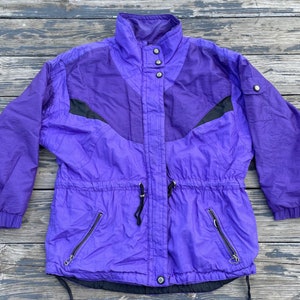 Vintage 1990er Jahre Damen Große Gesims Skijacke Shell Colorblock Lila Schwarz