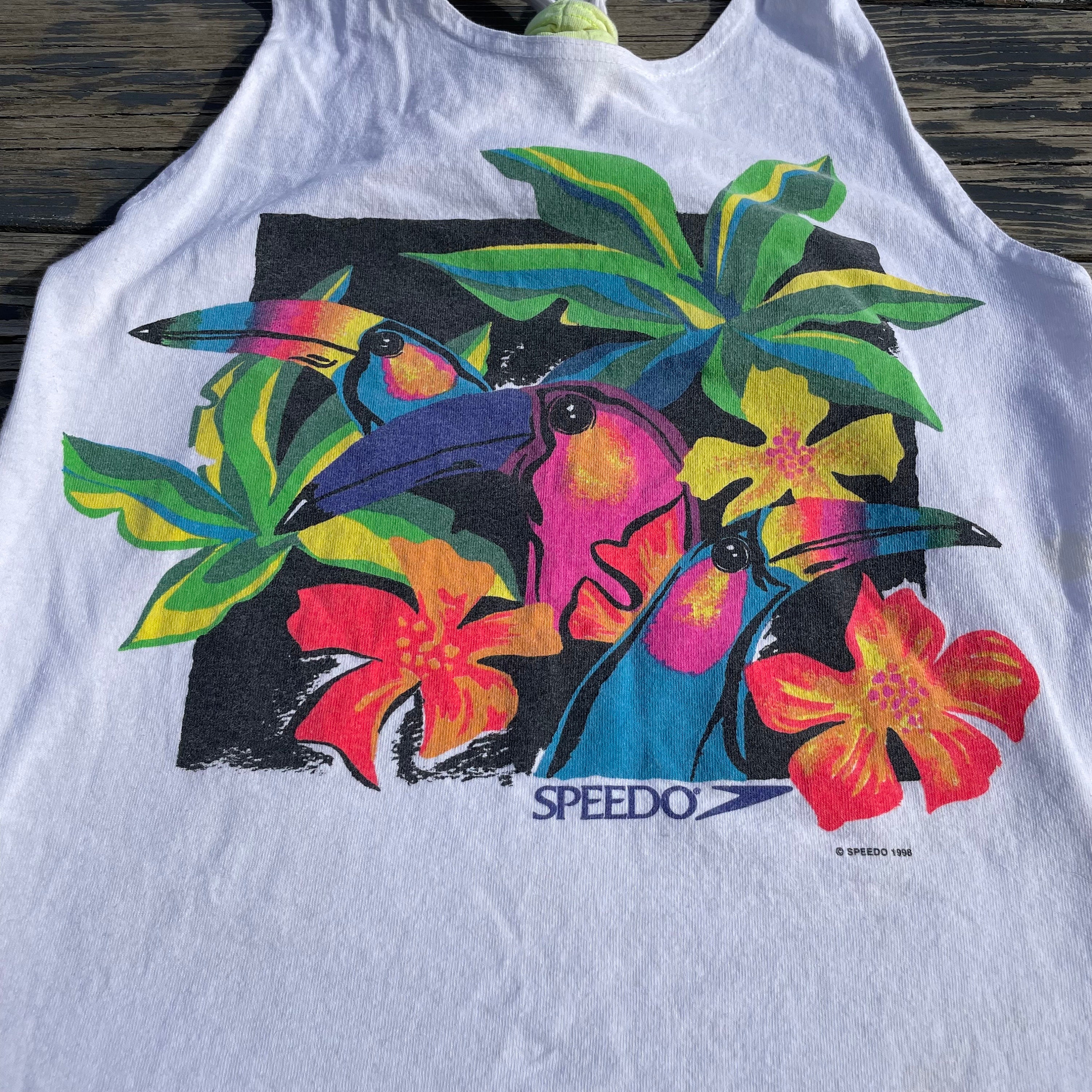 Vintage 90s Speedo Stringer Tank Top Tropical Bird Print Graphic Beach Wear Youth L Adult S