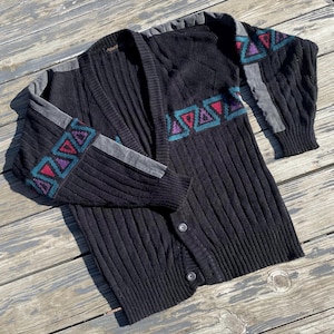 Vintage 80s 90s Mens Cardigan Black Aztec Southwest Grandpa style Acrylic Knit Size M