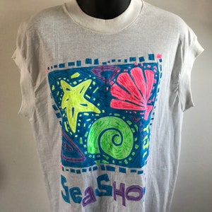 Vintage 1980s 1990s Neon Beach Graphic Sleeveless Tee Shirt Seashore Tank Top Screen Stars Single Stitch made in USA