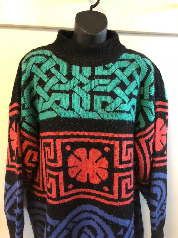 Vintage 1980s colorblock big sweater geometric pa… - image 2