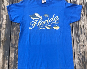 Vintage 1990s Single Stitch Tee Florida Graphic T shirt Blue Puffy Ink size M L 38 Chest