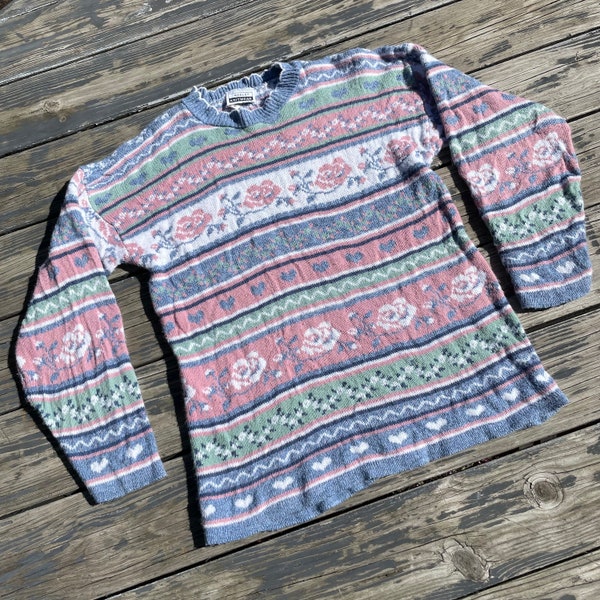 1990s Y2K Vintage Grannycore Sweater Pink Blue Fair Isle Pastels Petite Medium