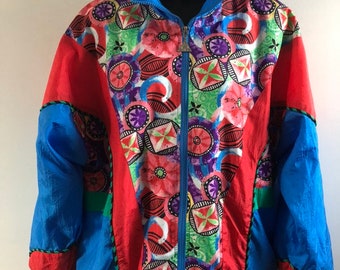 Vintage 1980s 1990s Colorblock Patterned Nylon Windbreaker Bight colors Womens M L