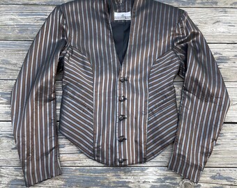 Chaqueta vintage de los años 80, estilo paracaídas New Wave de Harry Parnass, blusa gris marrón brillante, moda de alta costura de los años 80.