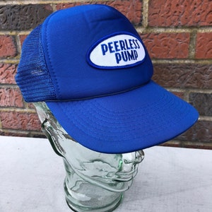 Vintage 1980s Peerless Pump Patch Trucker Hat Mesh Back Snap back Blue and White 80s cap