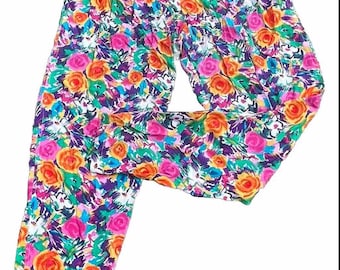 Vintage 80s Pants Bright Floral Rayon Tapered Leg High Waist Pleated 30 waist M