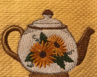 Embroidered Teapot/Sunflowers Kitchen Towels. Set of 2.