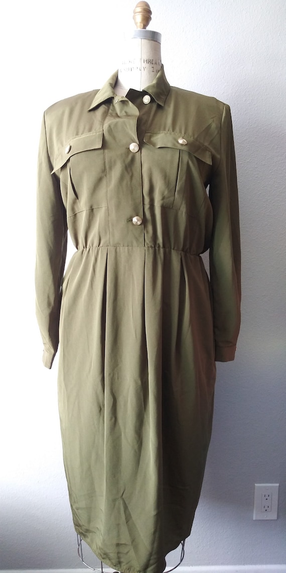 Vintage Plus Size Green Womens Shirt Dress 1980s -