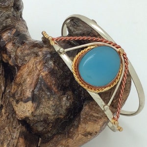KONA Handcrafted,  Adjustable, Intricately Carved mixed metal bracelet with  genuine Labradorite, Chalcedony and Rainbow Moonstone