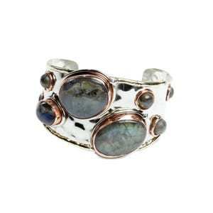 Handcrafted, Intricately Carved mixed metal cuff with Genuine Labradorite stones.  Adjustable cuff