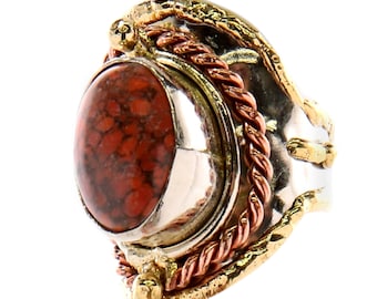 INCA リング - 真鍮、銅、ドイツ銀、コーラルジャスパーを使用した精巧に手作りされた調節可能なリング