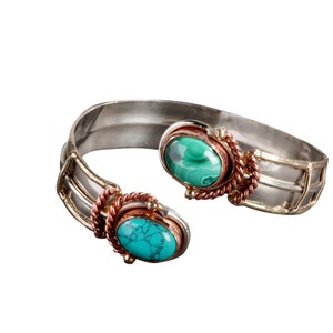 Handcrafted, Intricately Carved mixed metal bracelet with Genuine Malachite and Reconstituted Turquoise, Adjustable