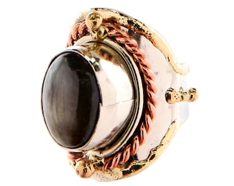 INCA リング - 真鍮、銅、ドイツ銀、本物のラブラドライトで作られた精巧に手作りされた調節可能なリング