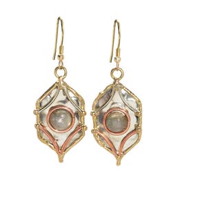 Handcrafted, Intricately Carved mixed metal Earrings with genuine Labradorite