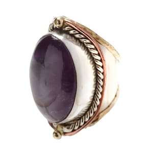 Handcrafted, Intricately Carved mixed metal ring with Genuine Amethyst, ADJUSTABLE- FITS MOST