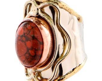 BELLA RING - 真鍮、銅、ドイツ銀、コーラルジャスパーを使用した精巧に手作りされた調節可能なリング