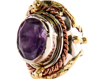 INCA リング - 真鍮、銅、ドイツ銀、ファセットアメジストで作られた精巧に手作りされた調節可能なリング