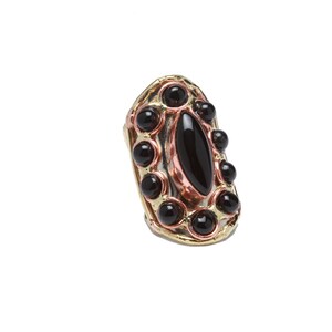Handcrafted, Intricately Carved mixed metal ring with Black Onyx, ADJUSTABLE- FITS MOST
