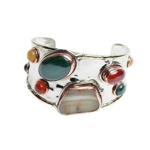 Handcrafted, Intricately Carved mixed metal bracelet with Genuine Malachite, Agates and Carnelian, Adjustable