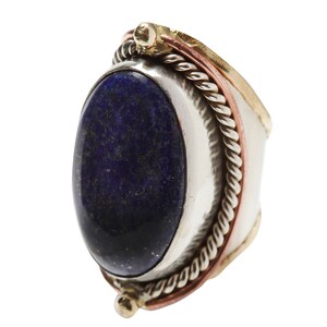Handcrafted, Intricately Carved mixed metal ring with genuine Lapis-Lazuli, ADJUSTABLE- FITS MOST