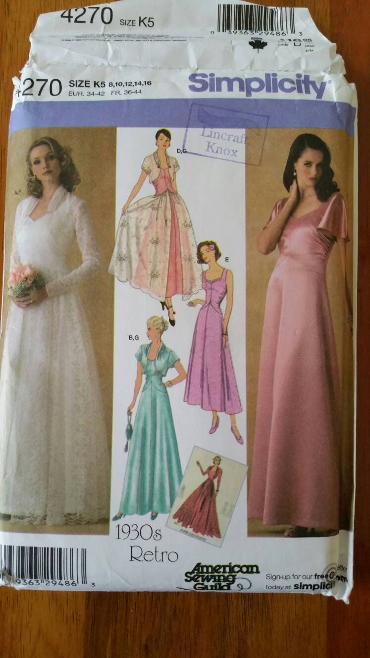 Simplicity - Vintage Reproduction 1930 Design - #4270 - Misses' Vintage Evening Dress and Jacket - Size 8, 10, 12, 14, 16 - Uncut